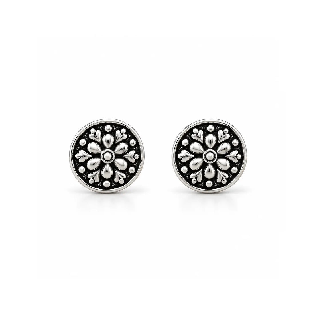 Floral Charm Oxidised Silver Stud Earrings - Made With Pure 925 Silver