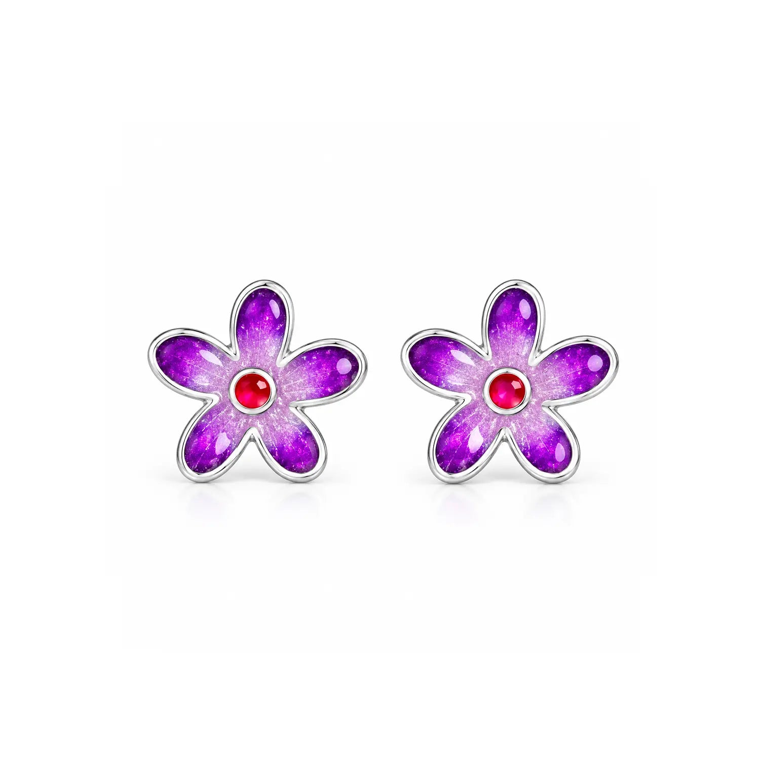 Purple Floral Enamel Silver Stud Earrings - Made With Pure 925 Silver