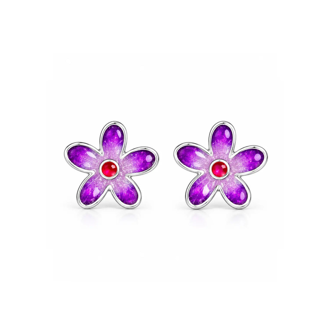 Purple Floral Enamel Silver Stud Earrings - Made With Pure 925 Silver