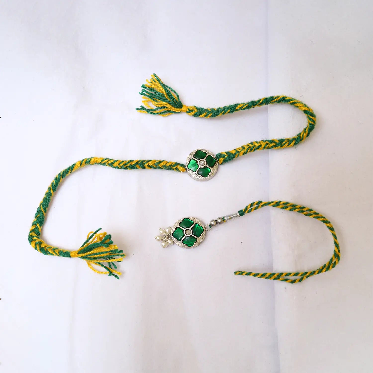 Green Floral Silver Rakhi Set - Made With Pure 925 Silver