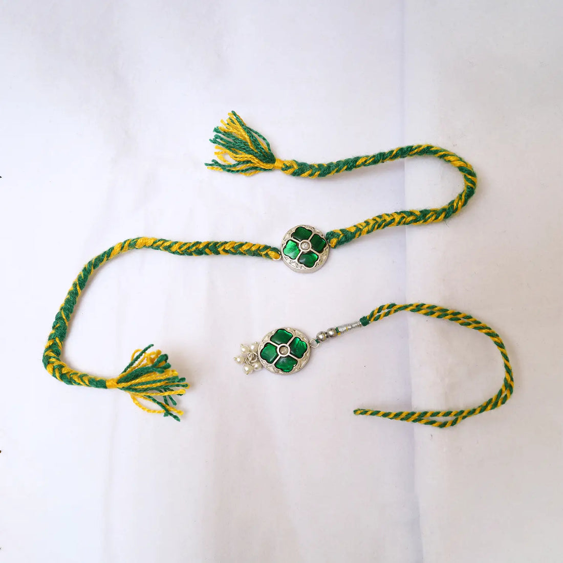 Green Floral Silver Rakhi Set - Made With Pure 925 Silver