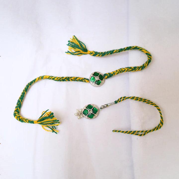 Green Floral Silver Rakhi Set - Made With Pure 925 Silver