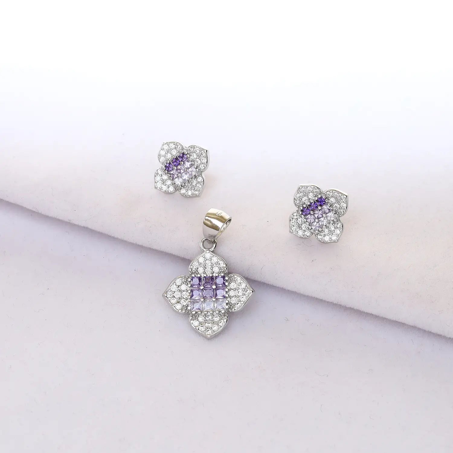 Elegant Pure Silver Purple CZ Floral Pendant Set - Made With Pure 925 Silver
