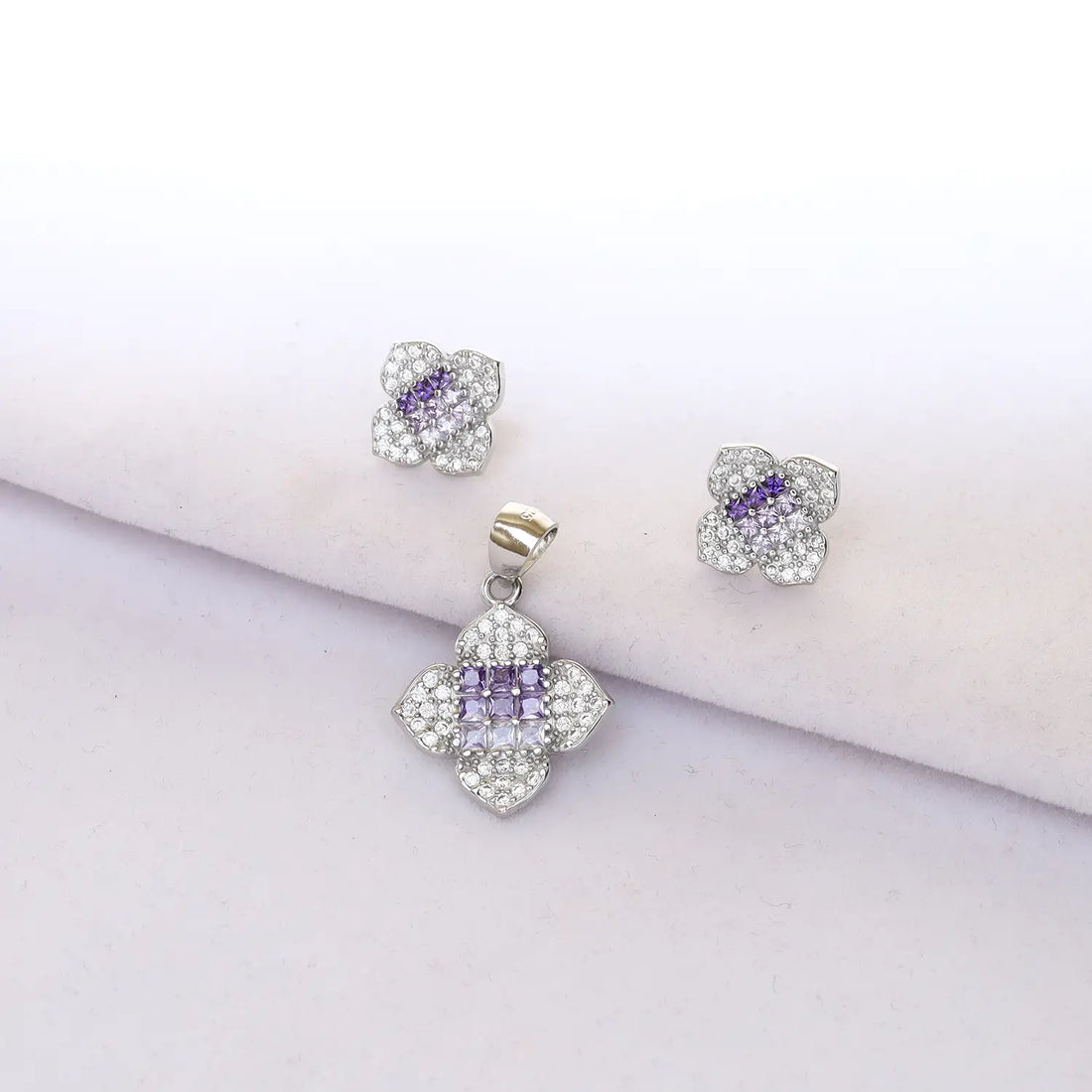 Elegant Pure Silver Purple CZ Floral Pendant Set - Made With Pure 925 Silver