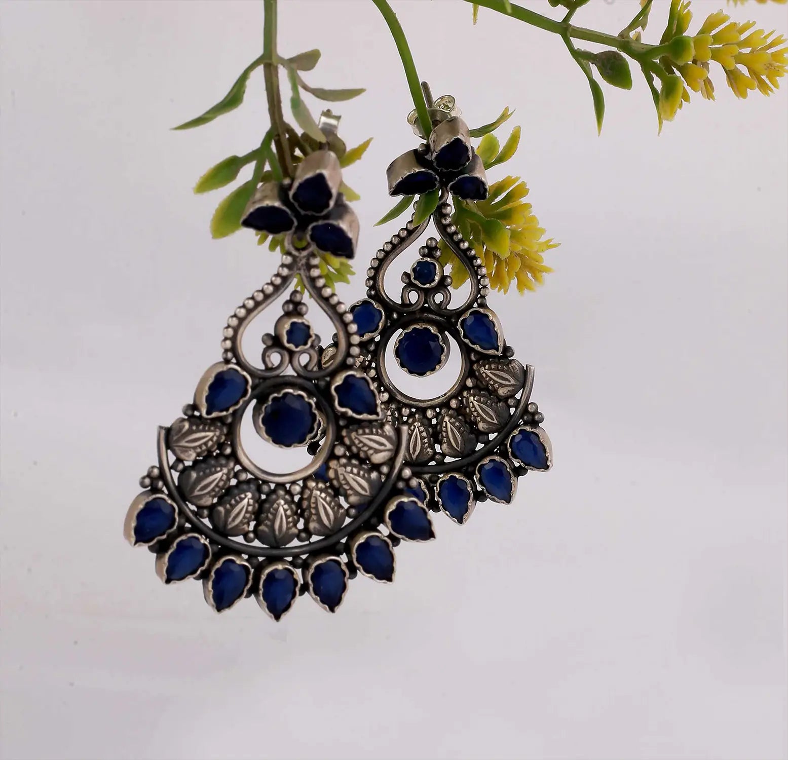 Silver Blue Stone Floral Earrings- Made With Pure 925 Silver