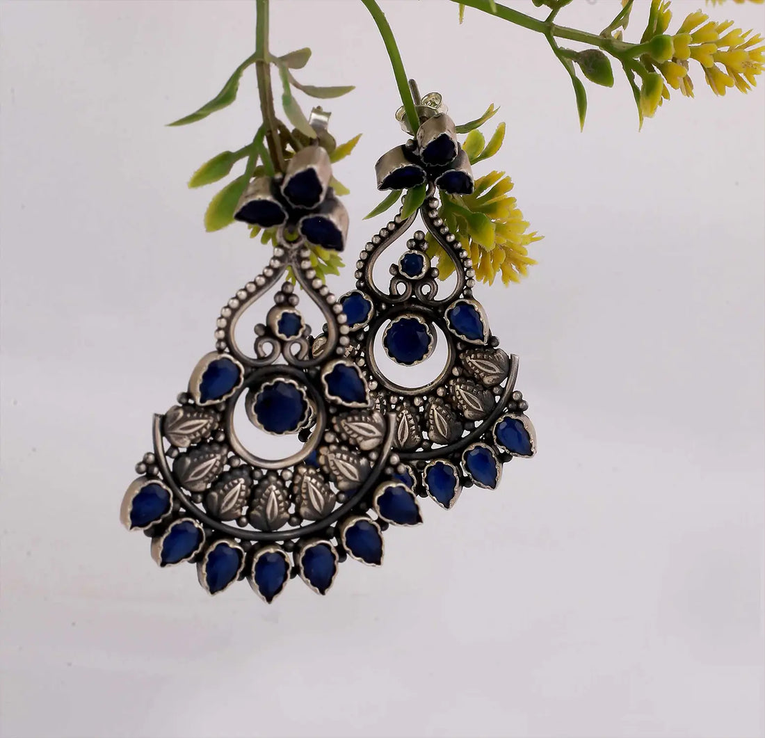 Silver Blue Stone Floral Earrings- Made With Pure 925 Silver