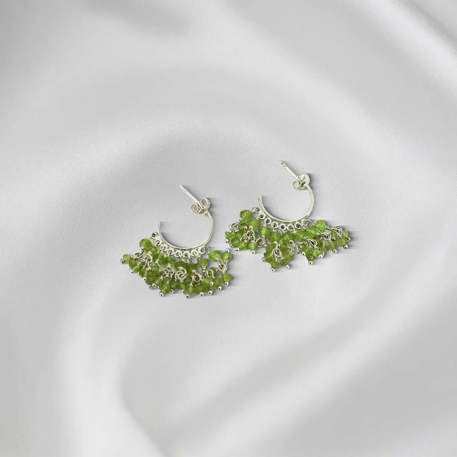 Pure Silver  Earrings with Green Bead Clusters- Made With Pure 925 Silver