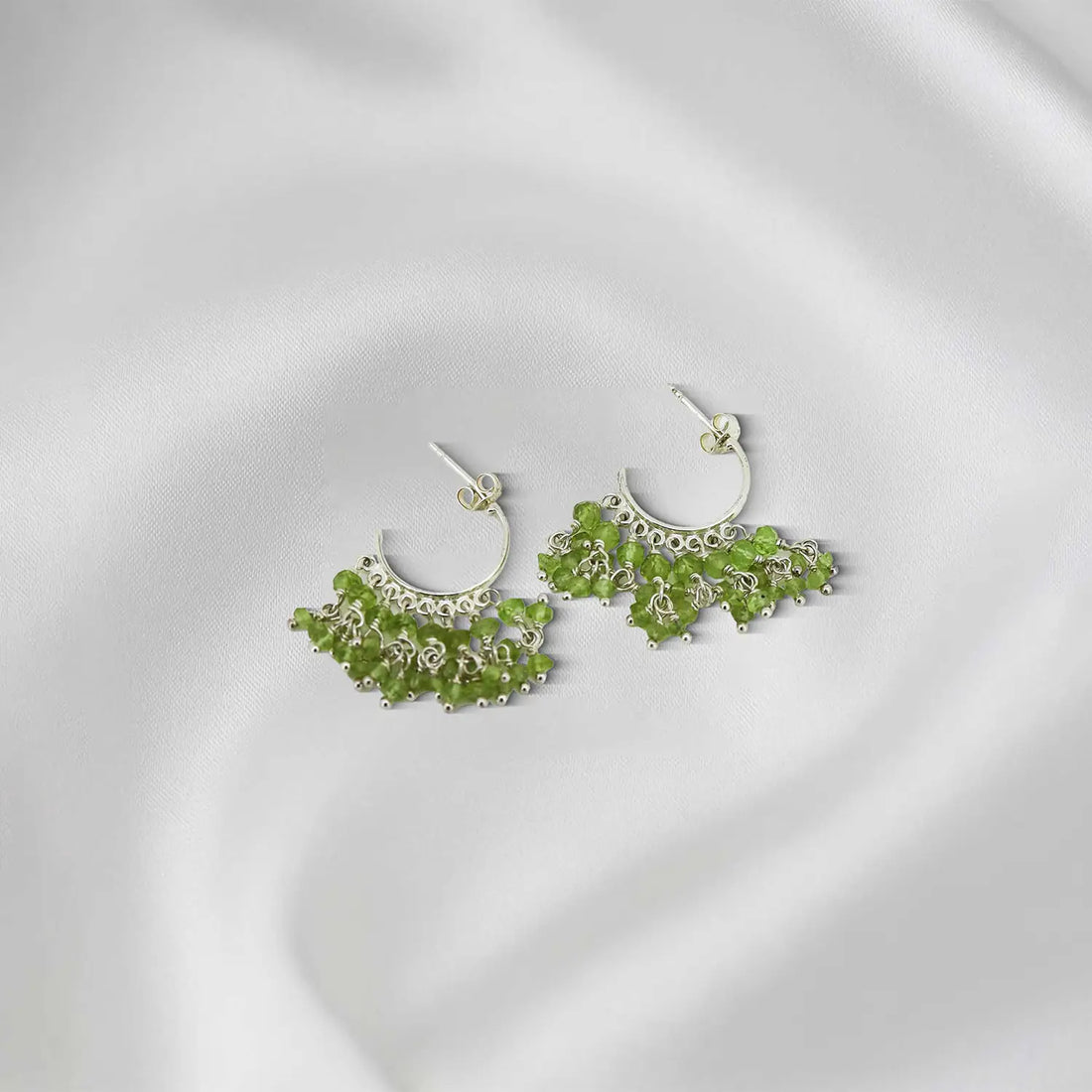 Pure Silver  Earrings with Green Bead Clusters- Made With Pure 925 Silver