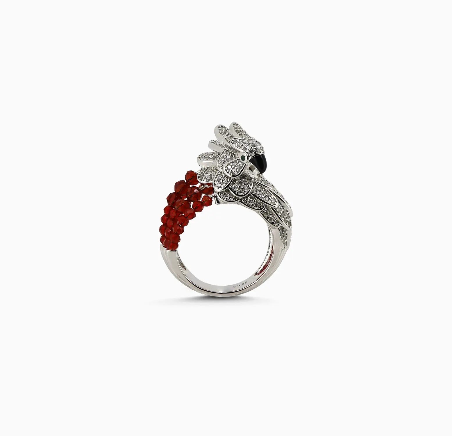Pure Parrot Ring with Red Beads - Made With 925 Silver