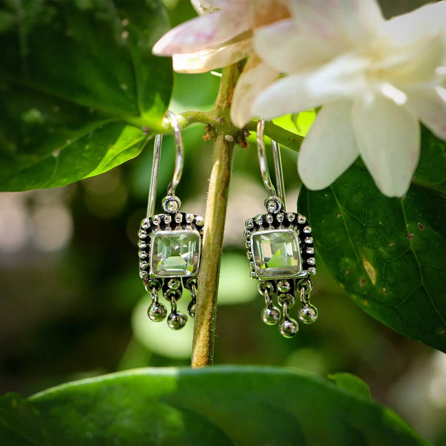 Pure Silver Square Green Stone Earrings- Made With Pure 925 Silver