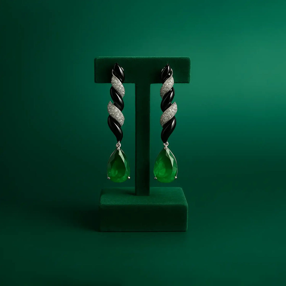 Emerald Green & Black Enamel Silver Drop Earrings- Made With Pure 925 Silver