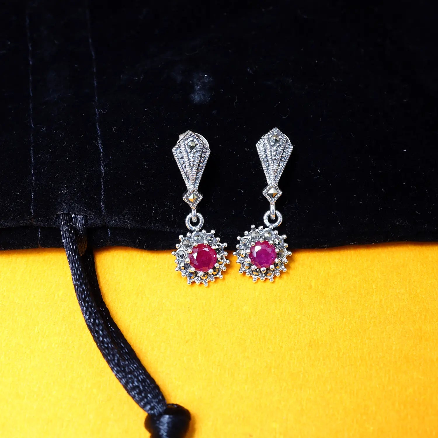 Ruby Bloom Oxidized Silver Drop Earrings- Made With Pure 925 Silver