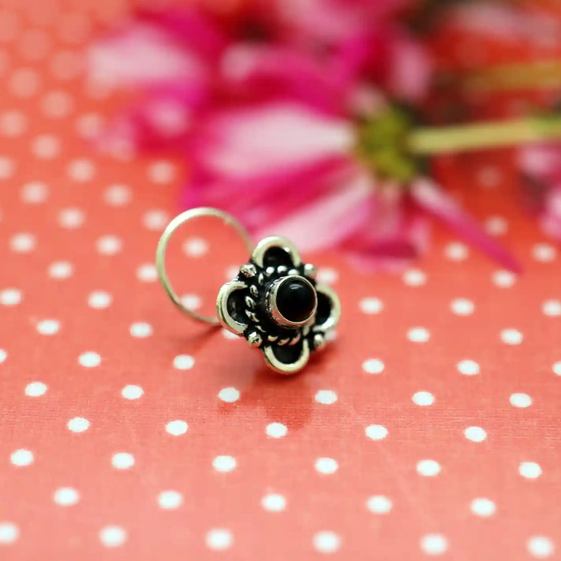 Vintage Blossom Oxidised Silver Nose Pin- Made With Pure 925 Silver