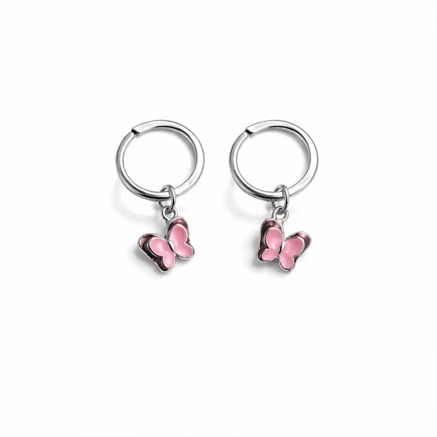 Pink Butterfly Charm Silver Hoop Earrings - Made With Pure 925 Silver