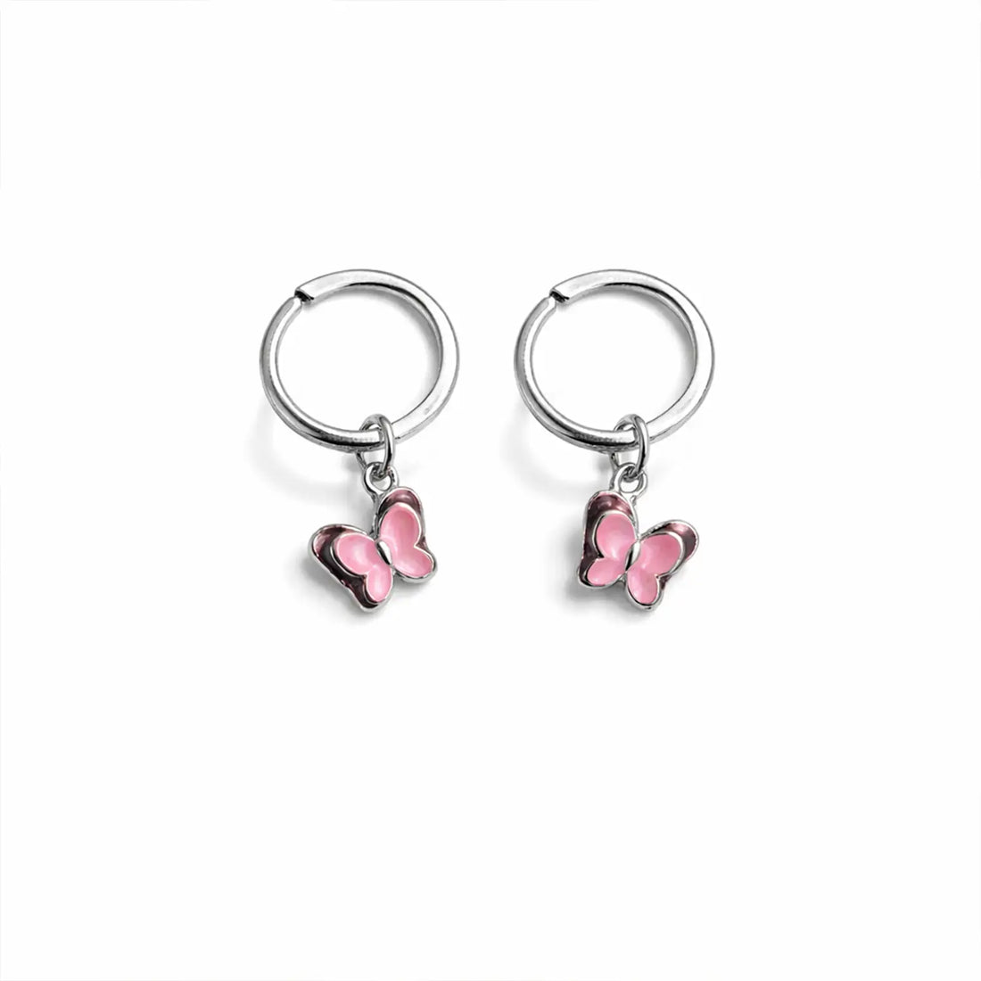 Pink Butterfly Charm Silver Hoop Earrings - Made With Pure 925 Silver