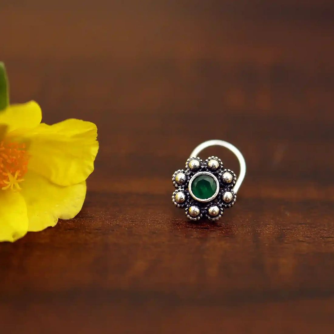Green Stone Oxidized Silver Nose Pin- Made With Pure 925 Silver