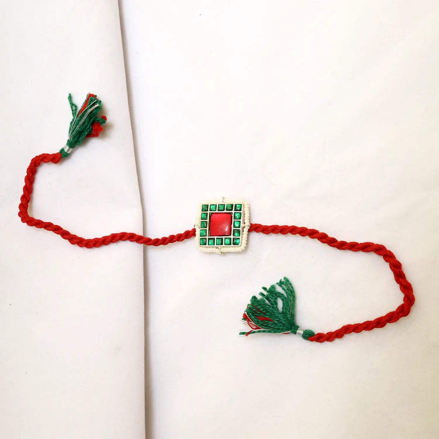 Traditional Silver Rakhi with Red & Green Stone Design - Made With Pure 925 Silver