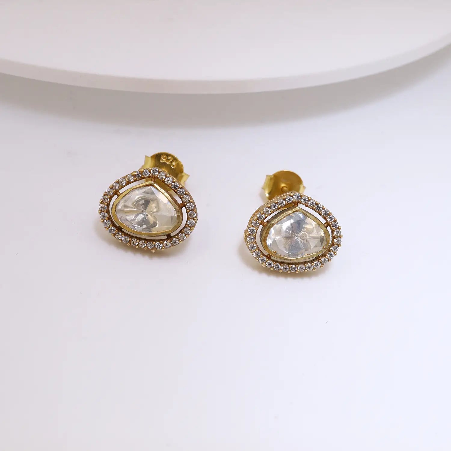 Gold-Plated Halo Kundan Sterling Silver Stud Earrings - Made With Pure 925 Silver