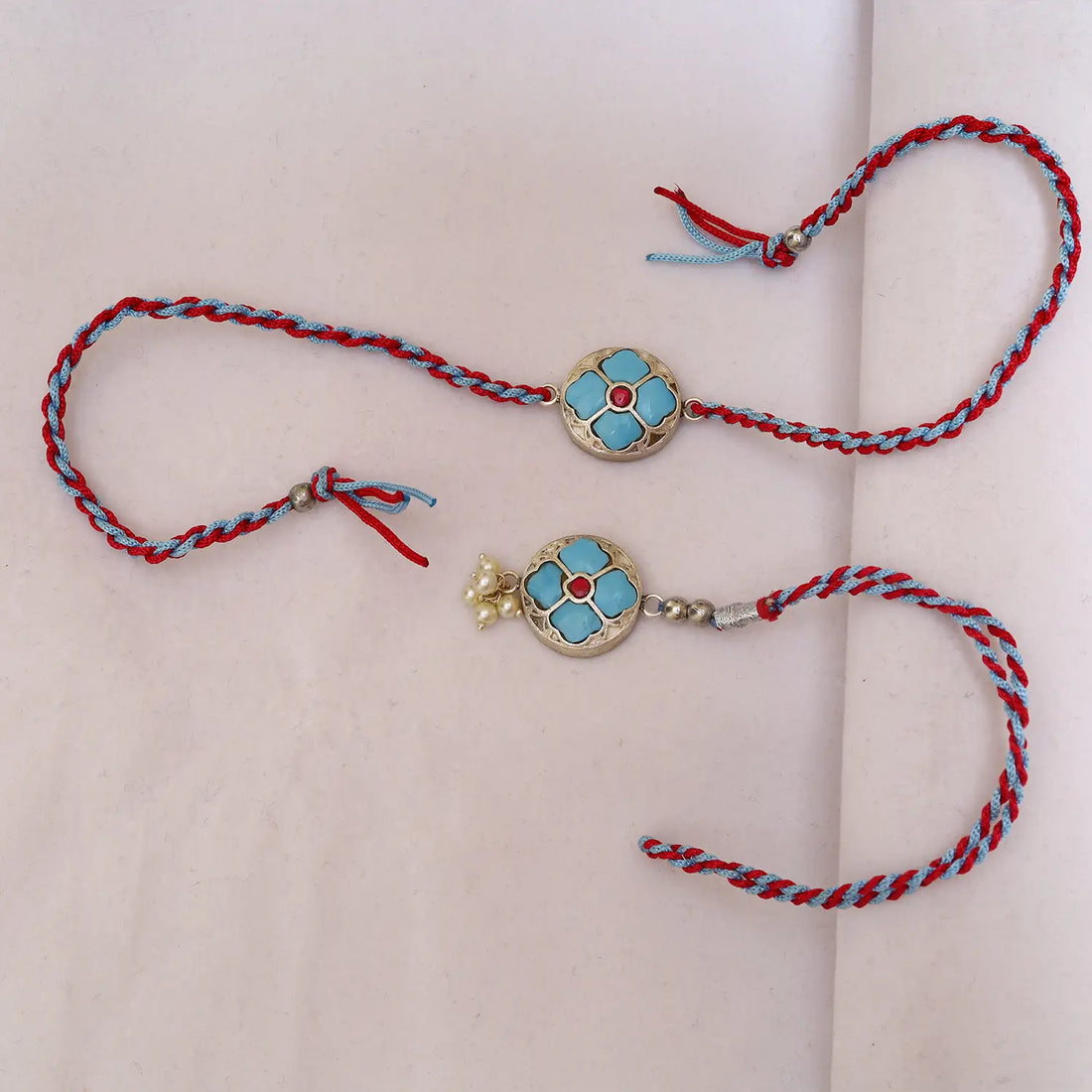 Sky Blue Floral Silver Rakhi & Lumba Set - Made With Pure 925 Silver