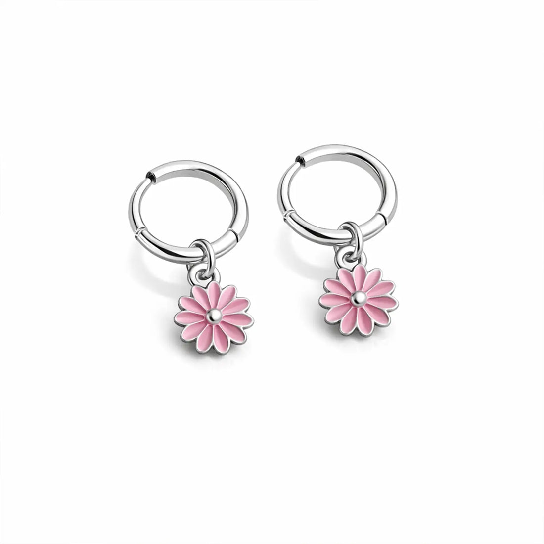 Pink Daisy Flower Silver Hoop Earrings - Made With Pure 925 Silver