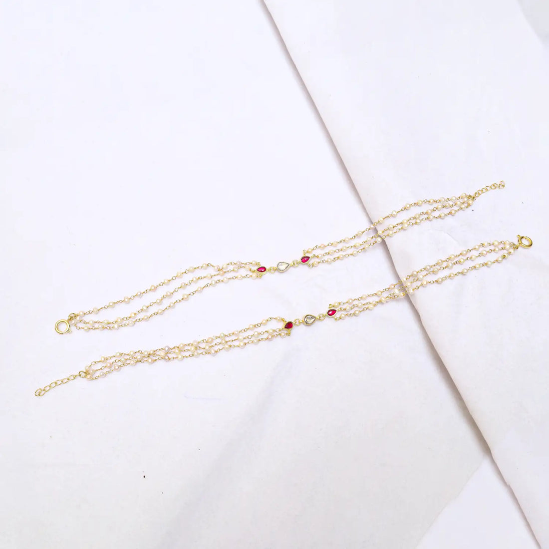 Elegant Pearl & Ruby Drop Silver Anklet - Made With Pure 925 Silver
