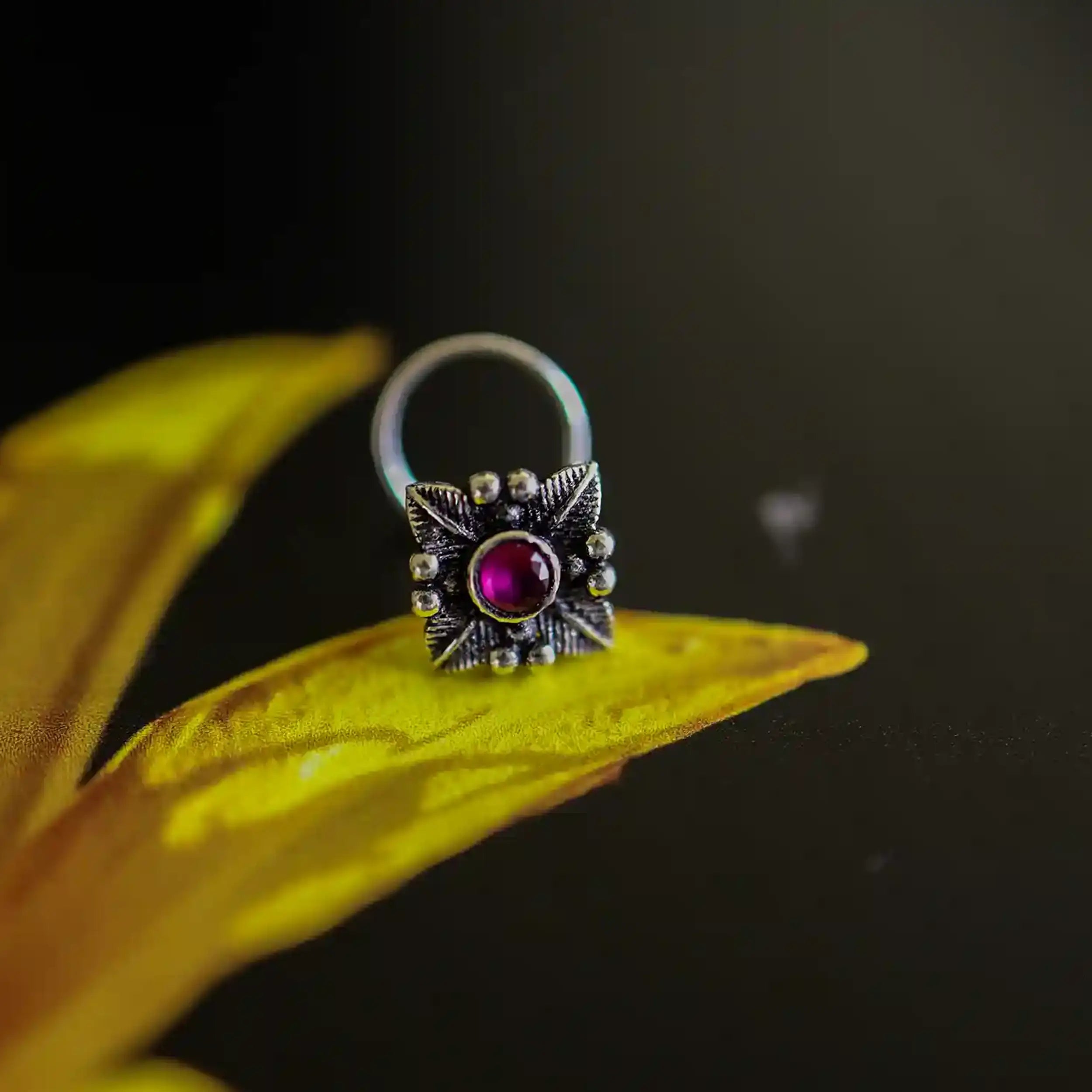 Oxidized Silver Floral Nose Pin- Made With Pure 925 Silver