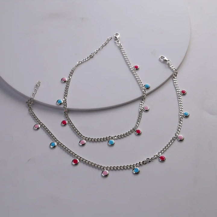Multicolor Charm Pure Silver Anklet- Made With Pure 925 Silver