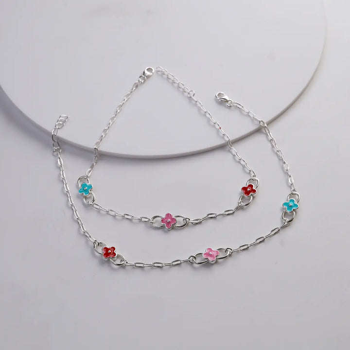 Multicolor Floral Pure Silver Anklet- Made With Pure 925 Silver