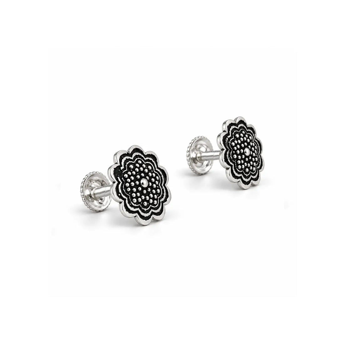 Black Enamel Floral Silver Stud Earrings - Made With Pure 925 Silver