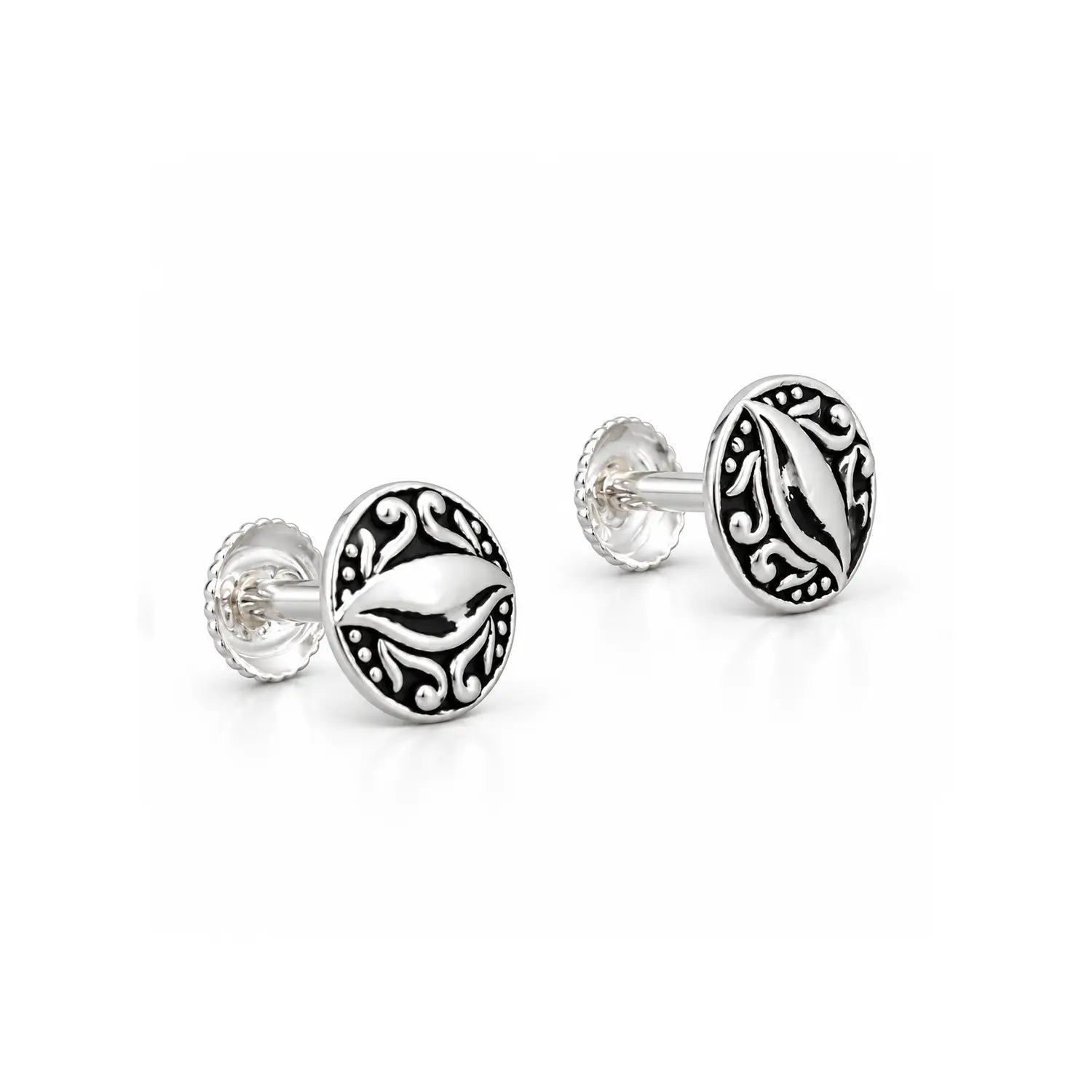 Vintage Leaf Motif Oxidised Silver Stud Earrings - Made With Pure 925 Silver