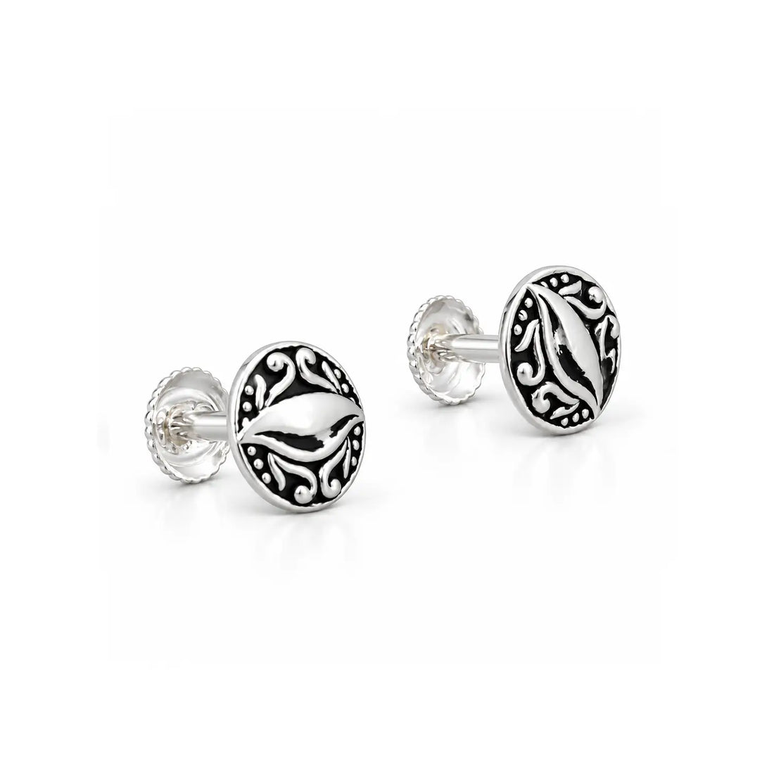 Vintage Leaf Motif Oxidised Silver Stud Earrings - Made With Pure 925 Silver
