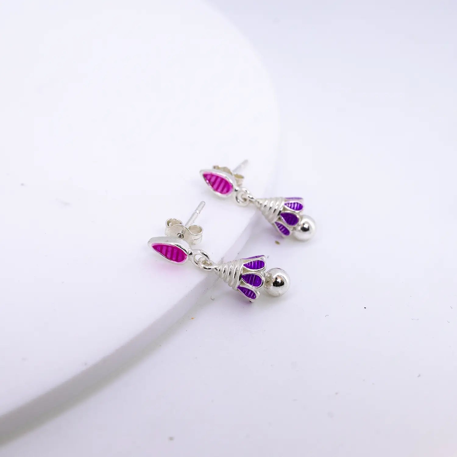 Pink & Purple Drop Pure Silver Jhumki Earrings - Made With Pure 925 Silver