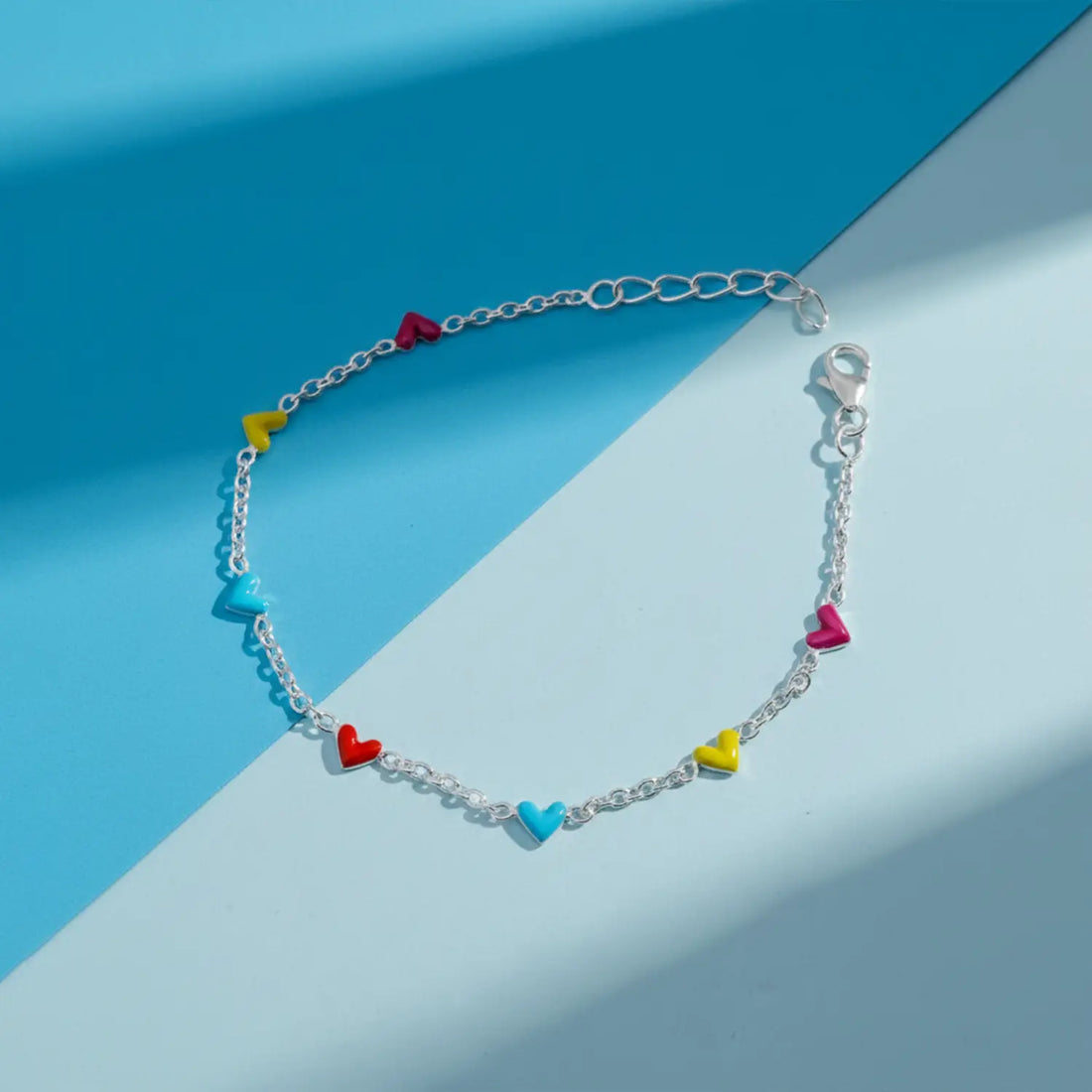 Multicolor Heart Charm Pure Silver Bracelet- Made With Pure 925 Silver