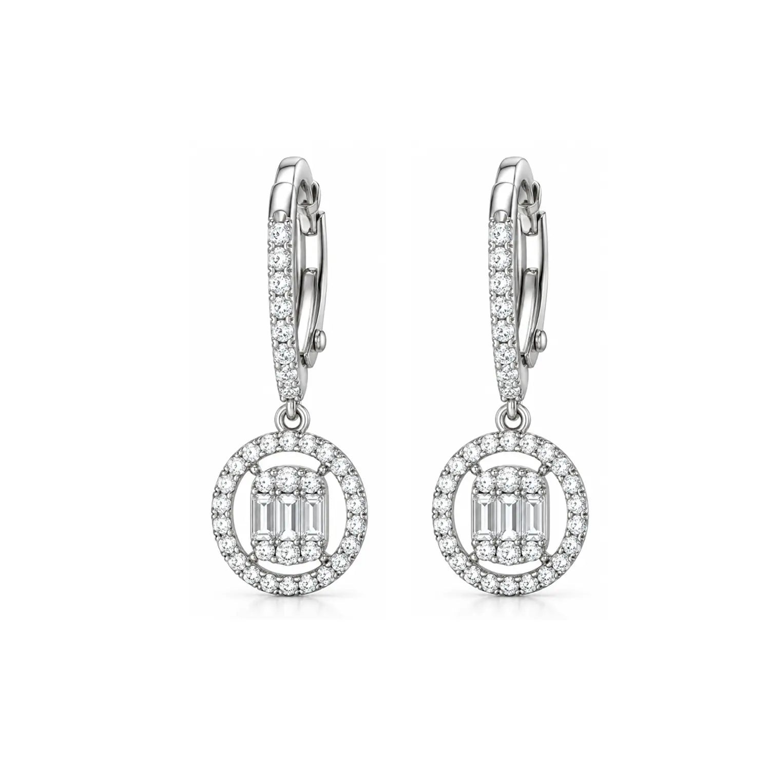 Elegant Round Crystal Halo Silver Drop Earrings - Made With Pure 925 Silver
