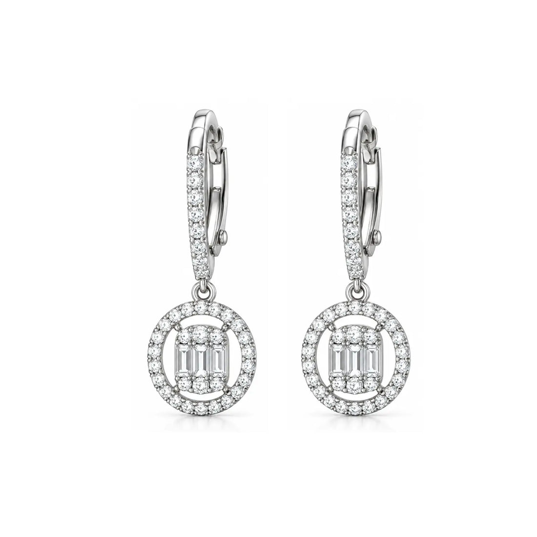 Elegant Round Crystal Halo Silver Drop Earrings - Made With Pure 925 Silver