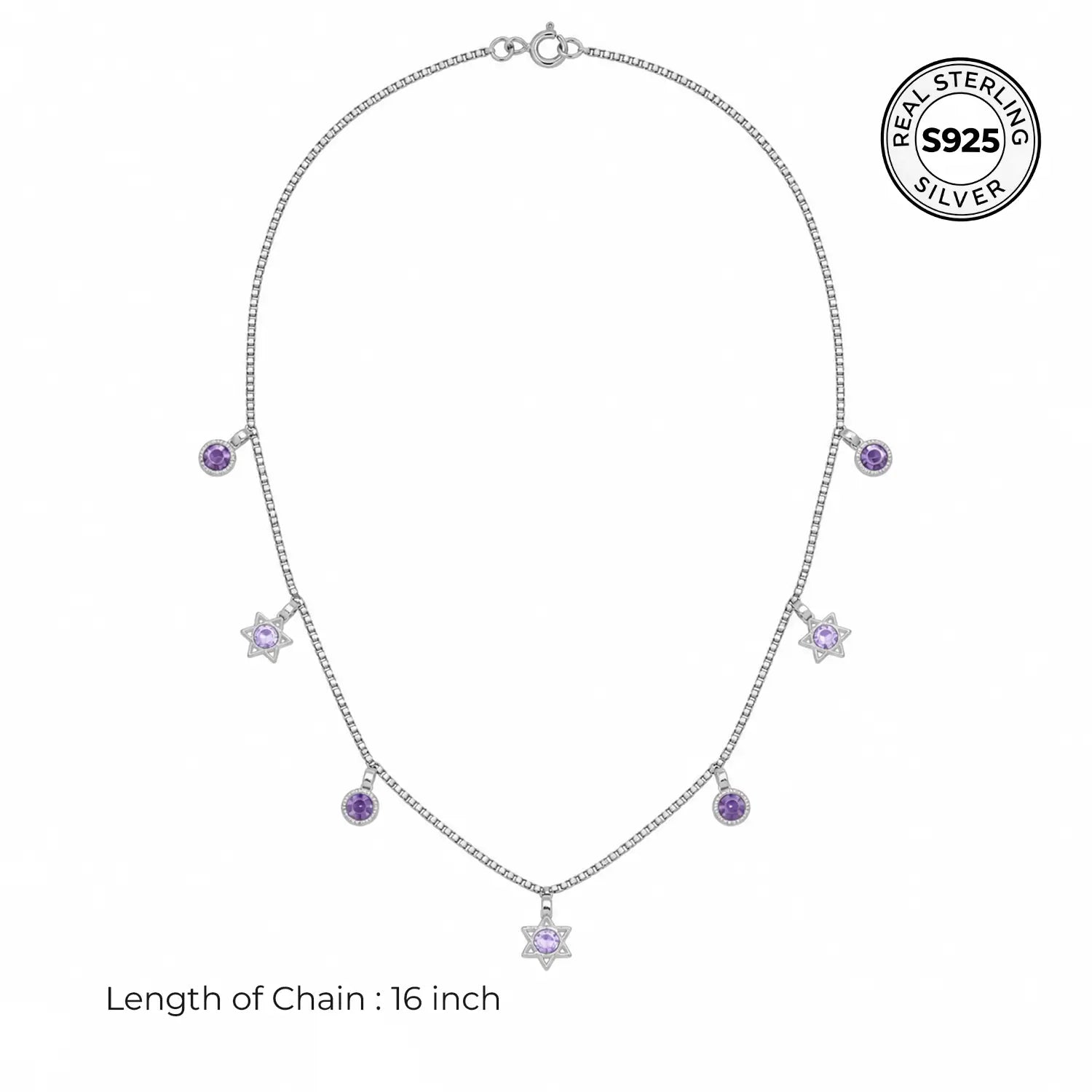 Purple Star & Round Stone Charm Silver Chain - Made With Pure 925 Silver