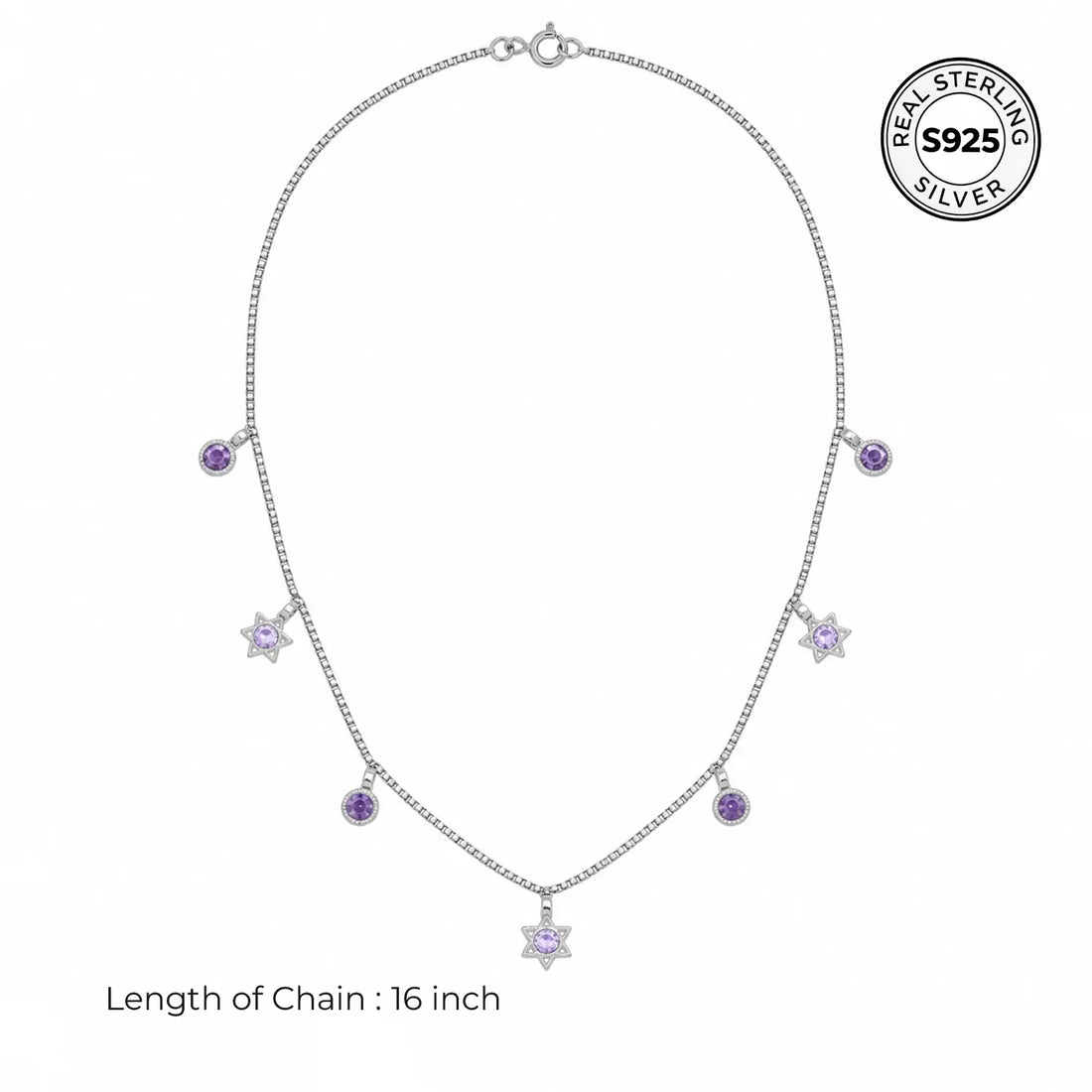 Purple Star & Round Stone Charm Silver Chain - Made With Pure 925 Silver