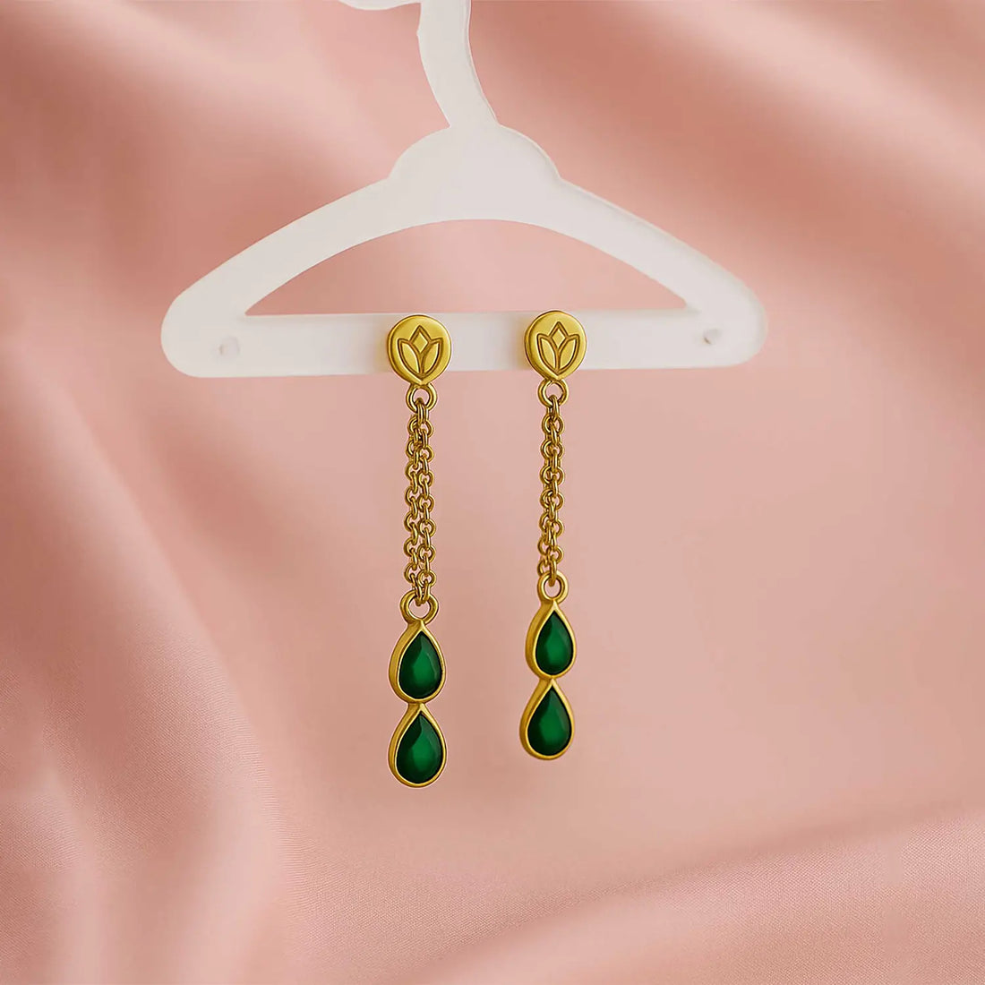 Gold-Plated Sterling Silver Green Drop Chain Earrings- Made With Pure 925 Silver