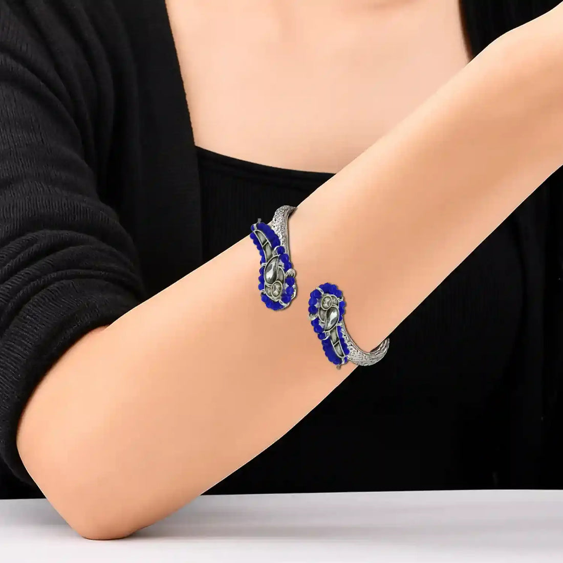 Antique Finish Silver Open Bracelet with Blue Bead Detailing - Made With Pure 925 Silver