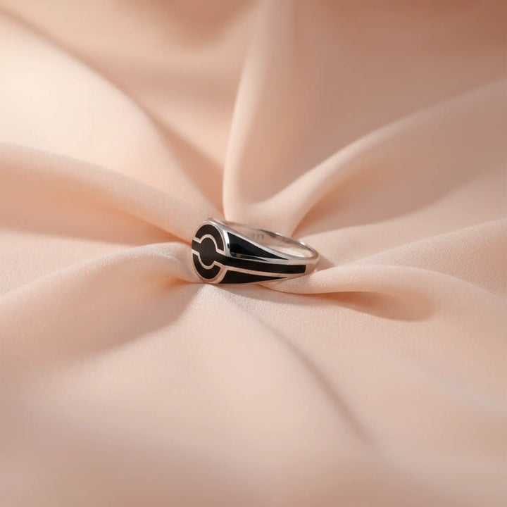 Black Enamel Crest Pure Silver Ring - Made With Pure 925 Silver