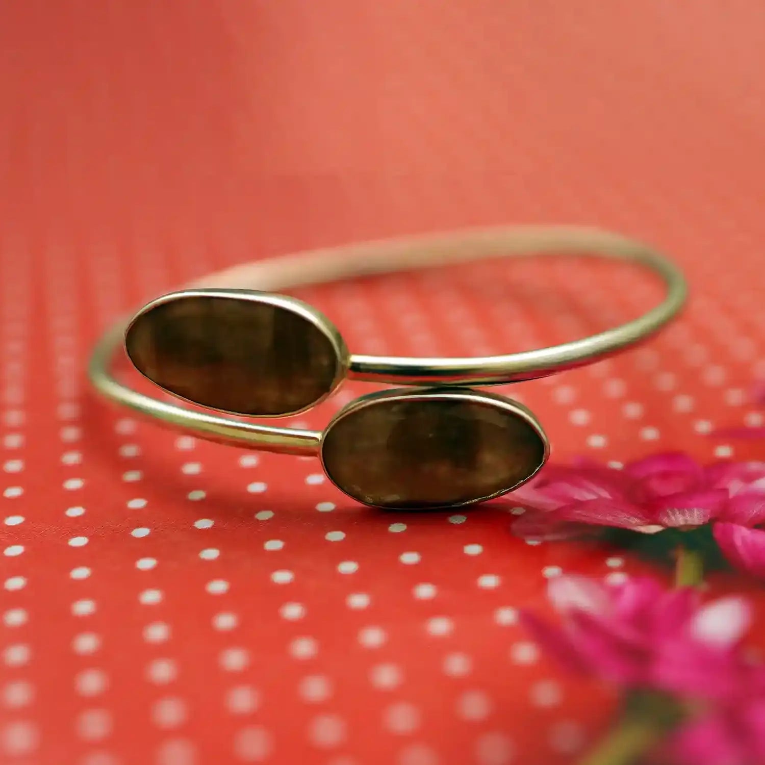 Pure Silver Open Bracelet with Dual Oval Brown Gemstones - Made With Pure 925 Silver