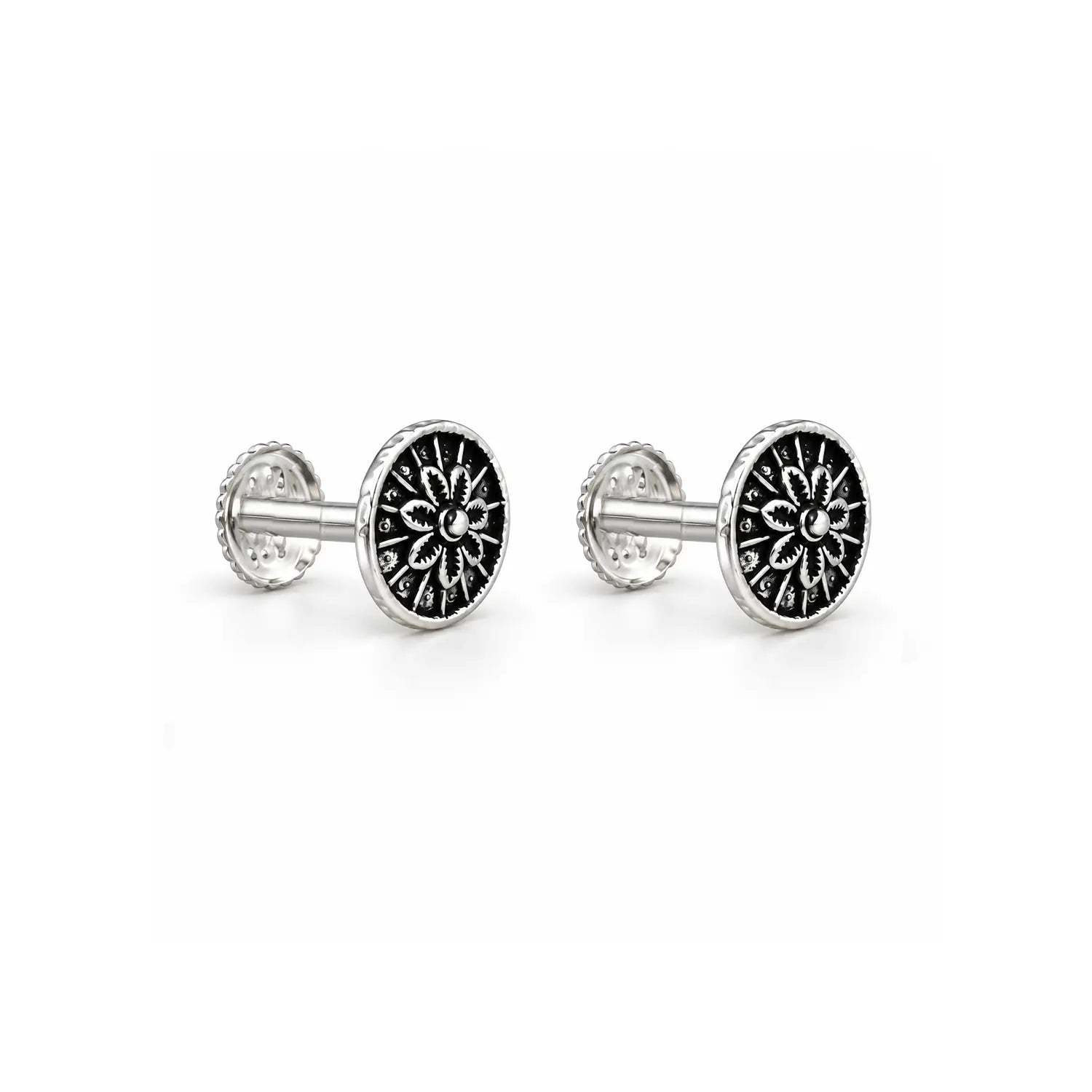 Vintage Floral Oxidised Silver Stud Earrings - Made With Pure 925 Silver