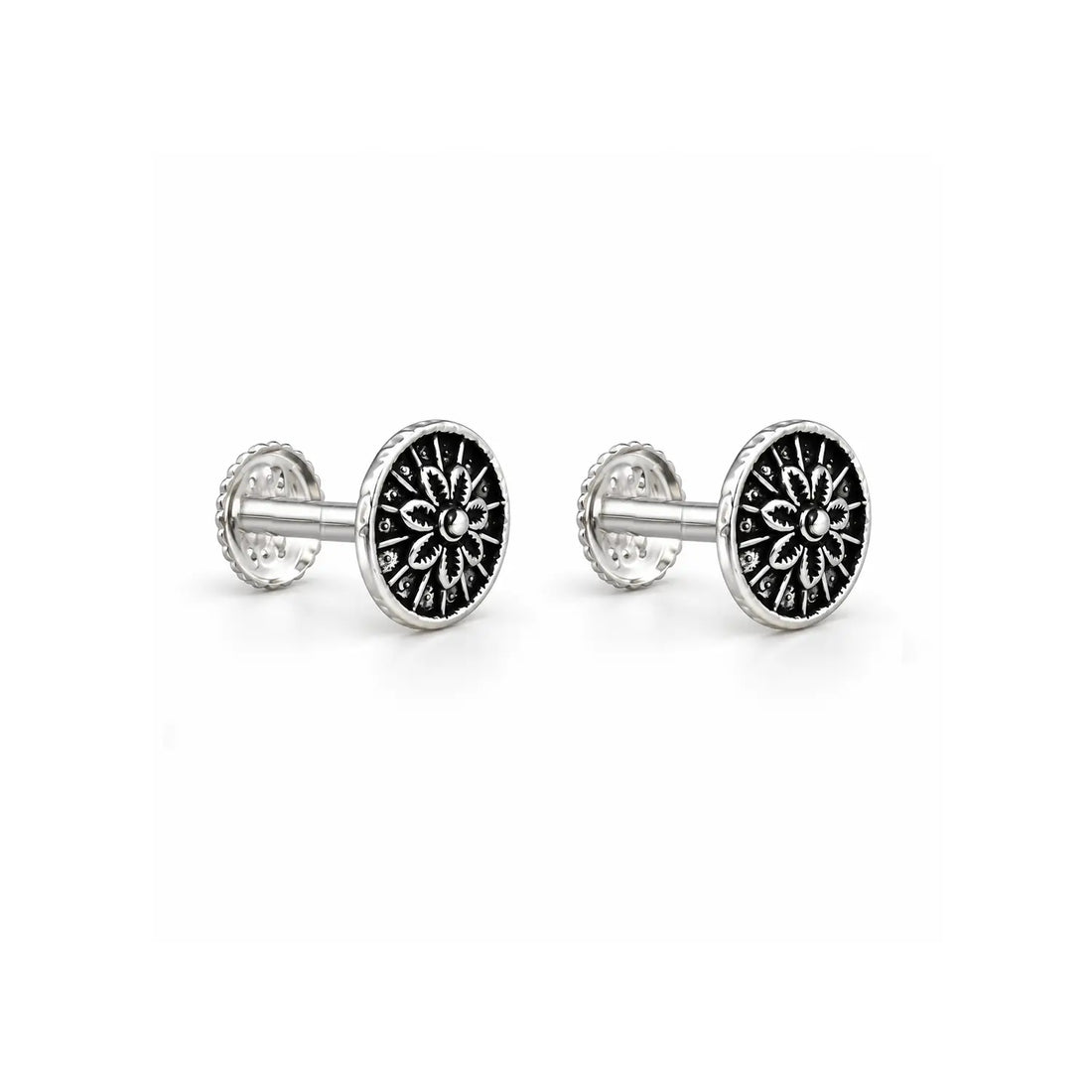 Vintage Floral Oxidised Silver Stud Earrings - Made With Pure 925 Silver