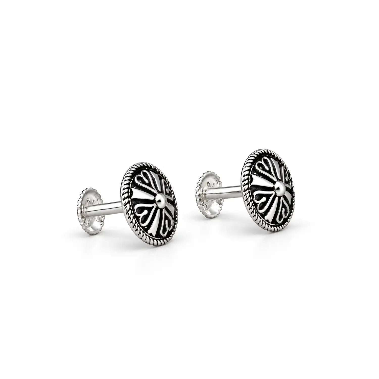 Vintage Black Enamel Floral Silver Stud Earrings - Made With Pure 925 Silver