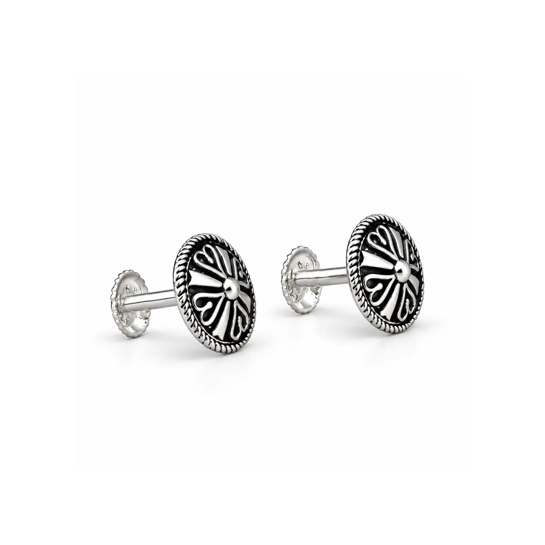 Vintage Black Enamel Floral Silver Stud Earrings - Made With Pure 925 Silver