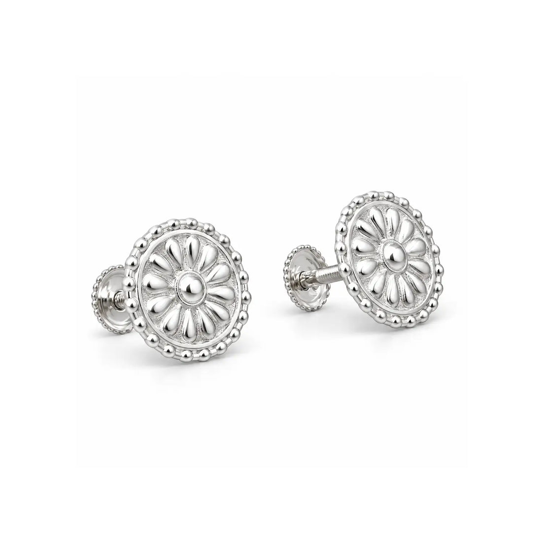 Floral Beaded Border Silver Stud Earrings - Made With Pure 925 Silver