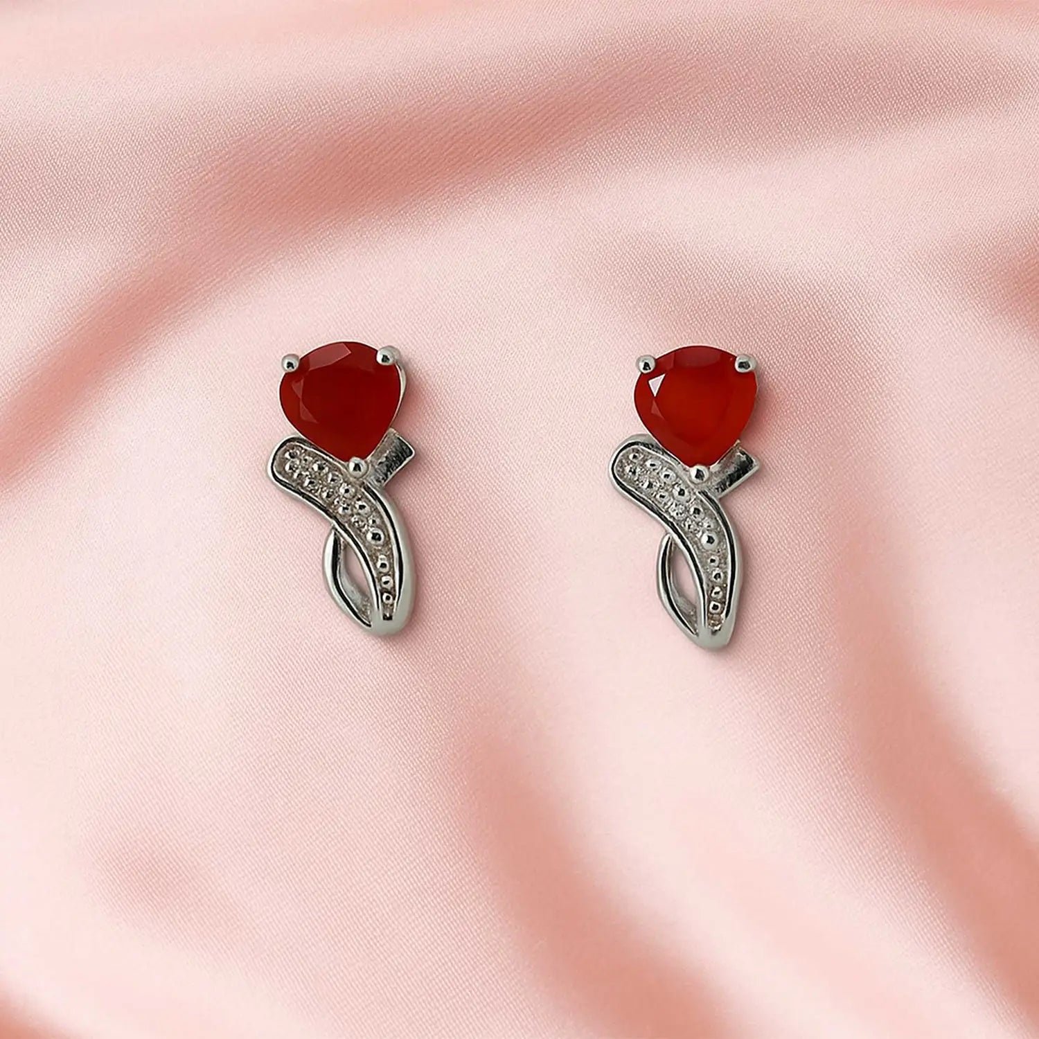 Silver Heart  Red Stone Earrings- Made With Pure 925 Silver