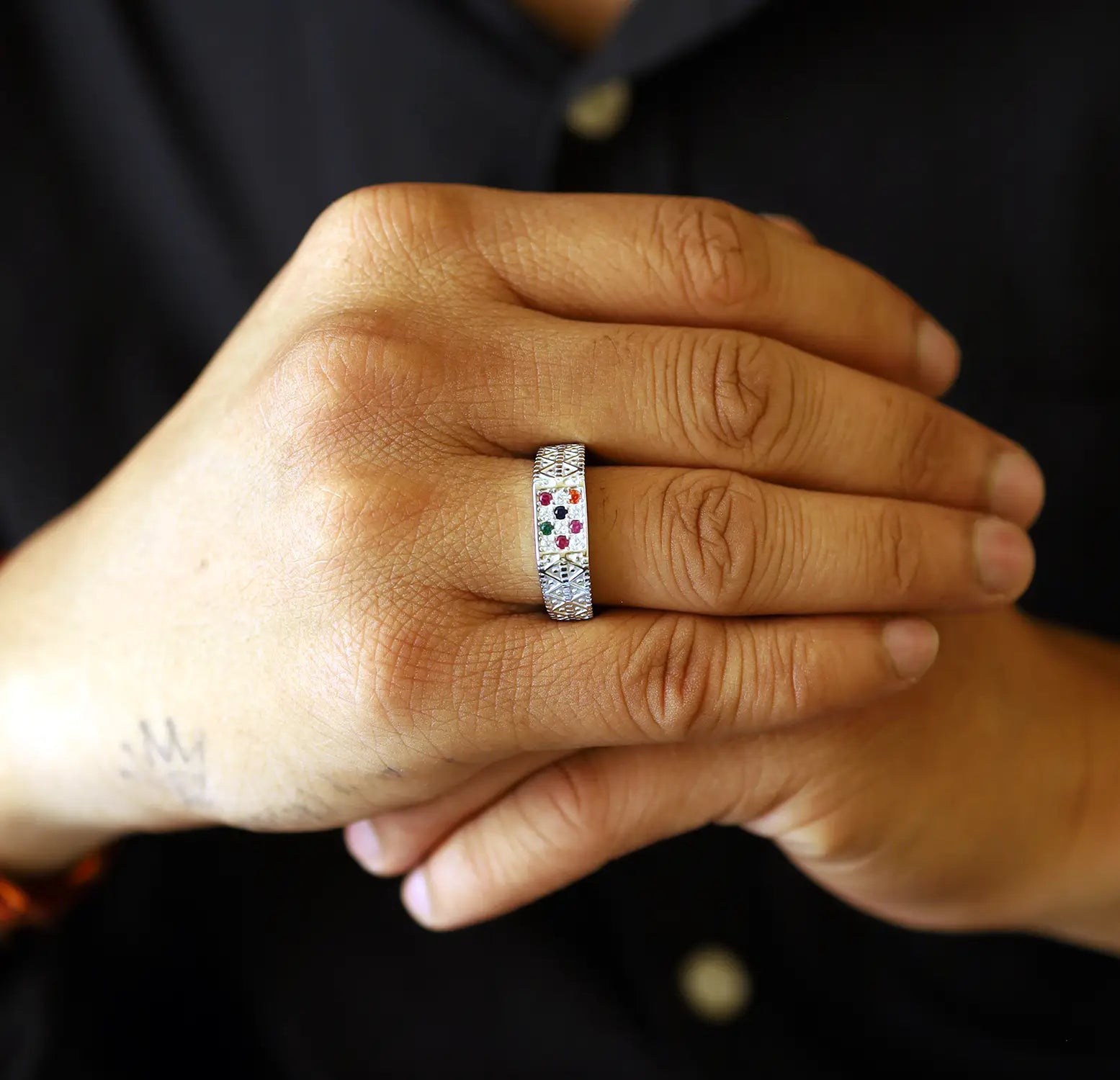 Traditional Navratna Silver Ring - Made With Pure 925 Silver
