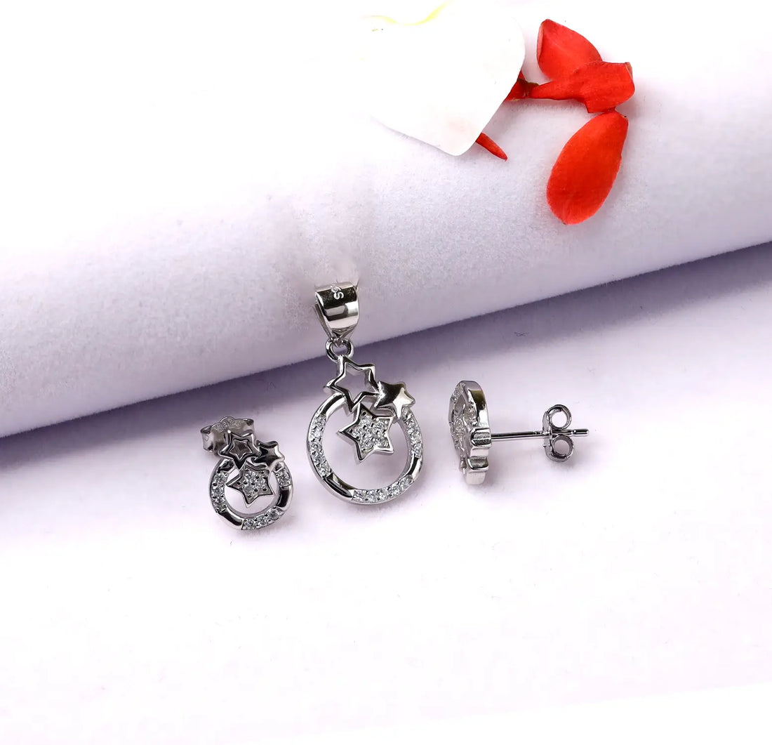 Sparkling Starry Dreams Silver Pendant & Earrings Set - Made With Pure 925 Silver