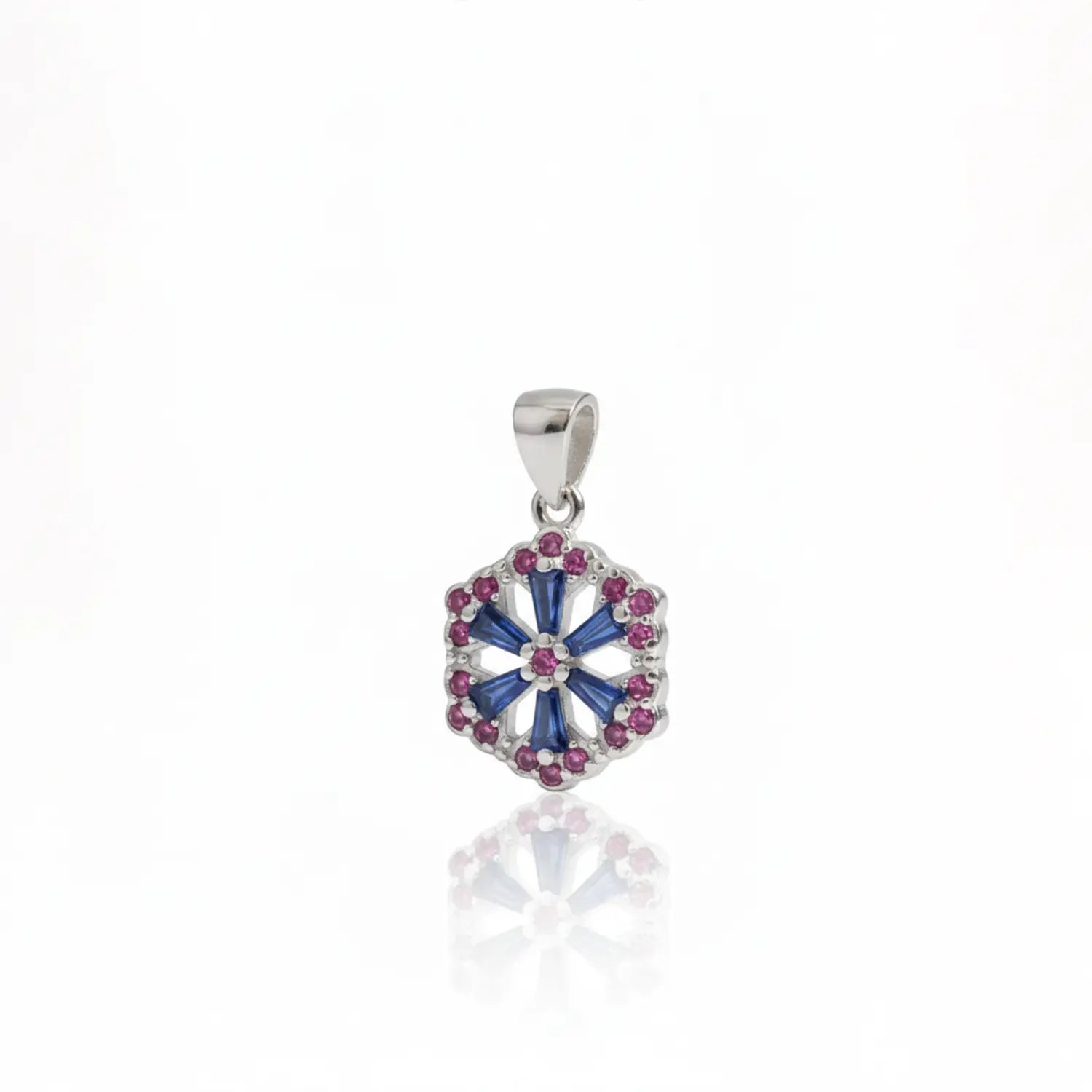 Floral Hexagon Silver Pendant with Green & Pink Stones Made With Pure 925 Silver